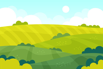 Fototapeta na wymiar Farm in grass fields, blue sky with clouds, green hills. Meadow landscape, garden in countryside, spring park, trees and bushes. Village lands summer scene. Vector garish background