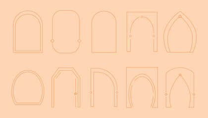 Line arch frames, minimal shapes. Oval border, vintage logo design, simple boho figures, bohemian doors. Architecture isolated contour decorative elements. Vector design recent objects
