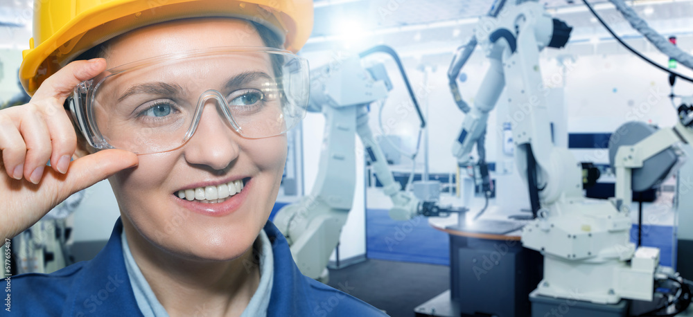 Wall mural portrait of woman engineer in helmet and eyeglasses on a background of robots at smart factory