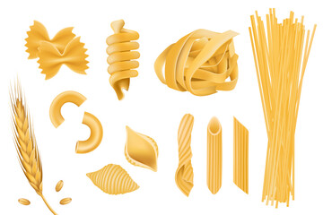 3d pasta, spaghetti, isolated macaroni. Italian raw food, farfalle noodle, Italy fusilli and fettuccine, yellow uncooked ingredients. Raw and dry wheat products. Vector realistic illustration