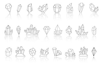 Mineral crystal gemstones, line quartz icons. Natural aquamarine or rock salt, emerald gem stones, geometry lines. Isolated outline diamonds. Vector garish logo templates, pictograms collection