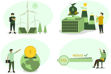 Sustainability illustration set. Characters showing ways to reduce CO2 emission impact through carbon management and turbine  Low carbon and environmental responsibility concept. Vector illustration