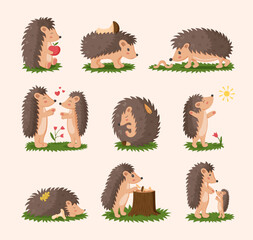 Hedgehog playing, sleep and walking, love animals. Couple of nature characters, wild kid and family, happy autumn forest mammals. Vector design utter cartoon flat style isolated illustration © Natalia