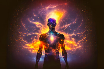 Fototapeta premium Astral body silhouette with abstract space background. Esoteric, spiritual life and meditation concept. Afterlife and connection with other worlds. Generative AI