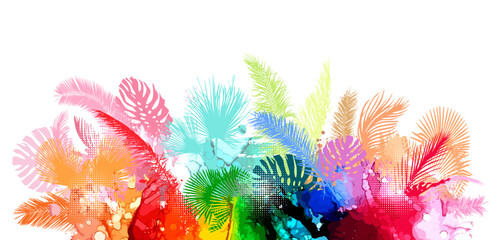 Palm trees colored background horizontal. Hello summer. Vector illustration