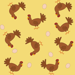 Naklejka premium Paper pattern with brown chickens and eggs on yellow background