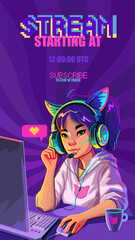 Asian girl gamer or streamer with with cat ears headset sits at a computer.