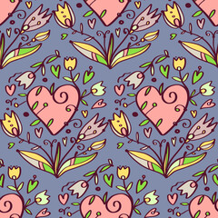 Fototapeta na wymiar Seamless vector decorative pattern in retro style - fantasy hearts and flowers. 1970s. Greeting card.