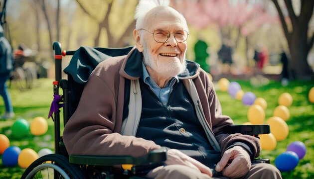 old men with disabilities sits in a wheelchair and smiles at the camera in a park filled with easter eggs and bunnies around, Generative AI