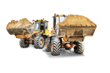 Two large wheel loaders with sand in a bucket at a construction site. Transportation of bulk materials. Rental of construction equipment. Isolated loader on a white background.
