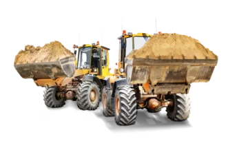  Two large wheel loaders with sand in a bucket at a construction site. Transportation of bulk materials. Rental of construction equipment. Isolated loader on a white background. © Anoo