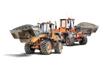 Two large wheel loaders with crushed stone or gravel in a bucket at a construction site. Transportation of bulk materials. Rental of construction equipment. Isolated loader on a white background.