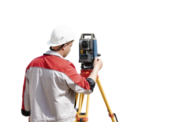 Surveyor engineer measures the level on a white isolated background. Surveyors provide accurate measurements before embarking on large construction projects.