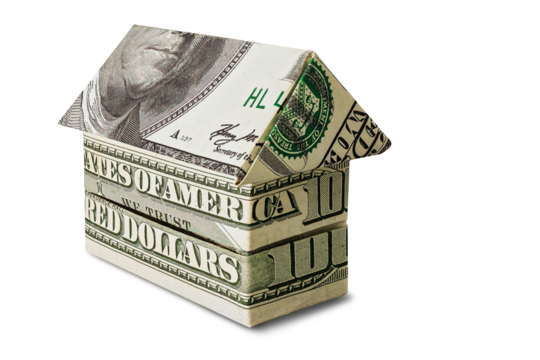 The house is stacked of dollar bills on a white isolated background. Element for design. Buying and selling housing. Mortgage. Property rental. Close-up. Money. Business. - Powered by Adobe