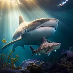 Obraz premium Shark playing with baby shark. 