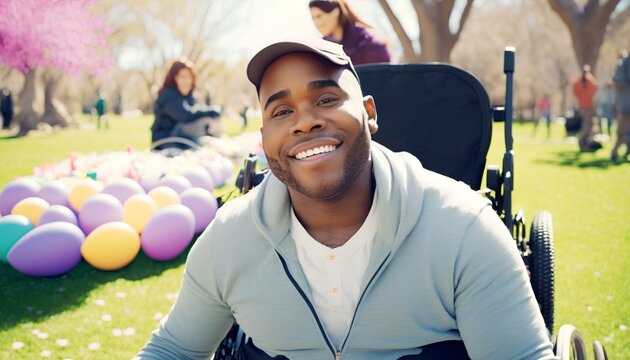 black men with disabilities sits in a wheelchair and smiles at the camera in a park filled with easter eggs and bunnies around, Generative AI