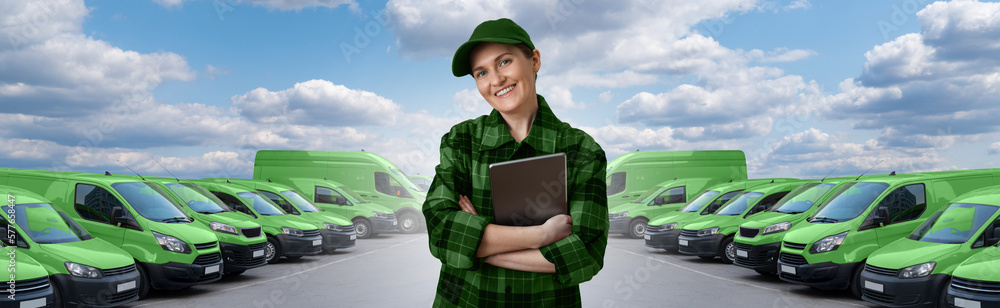 Poster Manager with a digital tablet on the background of vans. Fleet management	