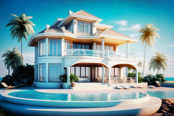Fototapeta premium Luxury beach house with a pool and an empty terrace in contemporary style, a vacation home for a large family. Generative AI