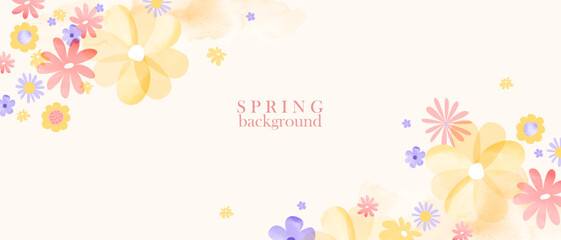 Spring colorful abstract background. Simple flowers with watercolor texture.