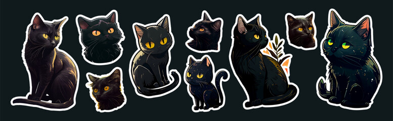 Big bundle of stickers with funny black cats.Vector collection sticker of funny cats on black isolated background. AI. Doodle cartoon style