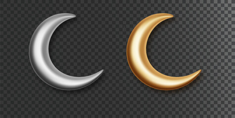 Obraz na płótnie Canvas Crescent isolated. Thin month 3d golden and silver decorative vector elements isolated on transparent background. Realistic Islamic symbol crescent moon set.