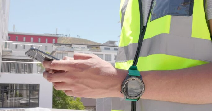 Hands, smartphone and texting outdoor for engineer, networking or chat for construction site report. Man, typing and phone for communication in city, metro or social media ui for property development