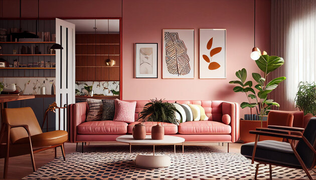 Retro-Inspired Living Room with Bold Geometric Rug, Vintage Art Prints, and Pink Leather Sofa. Generative Ai
