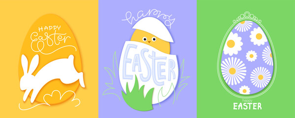 Happy Easter paper art cards set. Colorful holiday design with hair, egg, rabbit, lettering.
