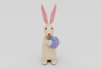 Cute easter Bunny with egg minimal 3d illustration on white background.