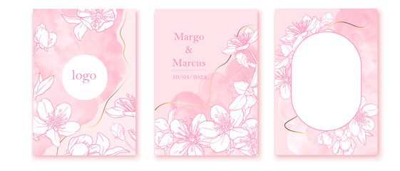 Set of spring backgrouds with sakura branch. Cherry blossoms. Design for card, wedding invitation