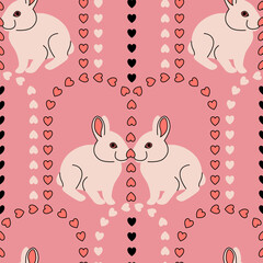 Vector seamless wallpaper pattern for valentines day with a pair of rabbits among the arches of hearts