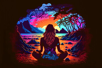 A woman in lotus pose on a beach at sunset with vibrant colors and a modern atmosphere. Contrasting hues of fluorescence against a black backdrop create an atmosphere of relaxation. Generative AI