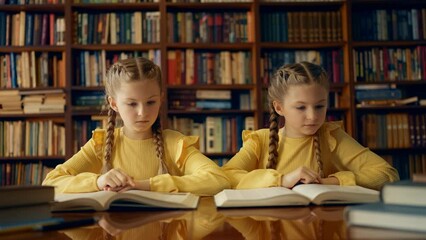 Focused sisters reading books in school library, identical twins, education