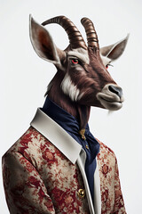 portrait of goat in human clothes on white background