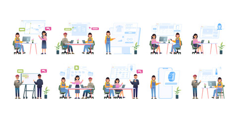 Multiple set of Business and office life working. flat design style vector illustration.