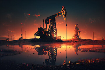 Oil pumps at sunset, Generative AI