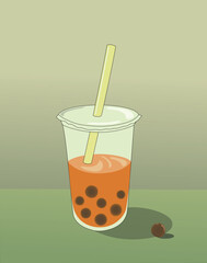 Bubble Tea or Pearl Milk in a plastic glass with straw on green background