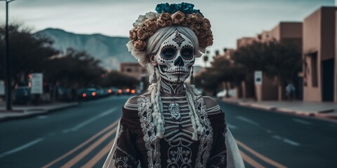 Fototapeta na wymiar illustration of a woman wearing makeup and dress in the skull, Day of the Dead or Día de los Muertos. Generative AI illustration. Generative AI illustration