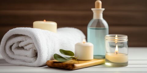 Obraz na płótnie Canvas illustration of spa skin care product set decoration, towel candle, and oil bottle. Generative AI illustration