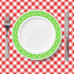 Green dish with pattern of chaotic white polka dot placed on red check classic table cloth