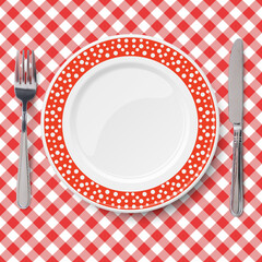 Red vector dish with pattern of chaotic white polka dot isolated on white background