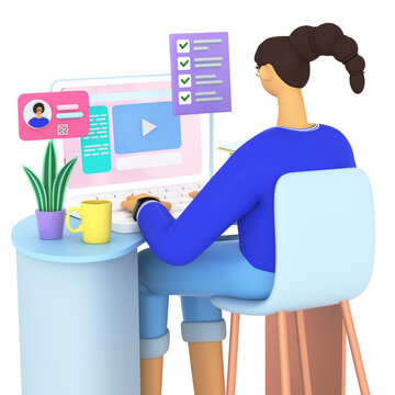 Young woman sitting at the computer and learning in online school, university or course. Cute student watching lessons from home. Education online, e-learning concepts. 3d render illustration.