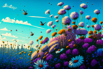 Fototapeta na wymiar Vibrant colors and natural style for this realistic image of flowers in full bloom with bees and a clear blue sky. Emotional peace and serenity. Generative AI