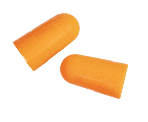 Orange earplugs isolated, top view, clipping path, png