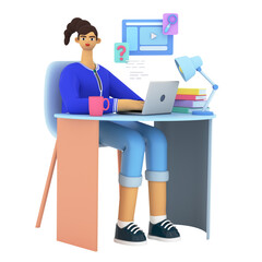 Young woman studying, searching and watching video lessons at home and doing homework. Concept of e-learning, online education. Education and back to school. Question icon. 3d render illustration.