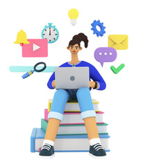 Young woman sitting on books, watching lessons, researching information, communicate with teachers or students. Working, education and shopping concept. 3d render illustration.