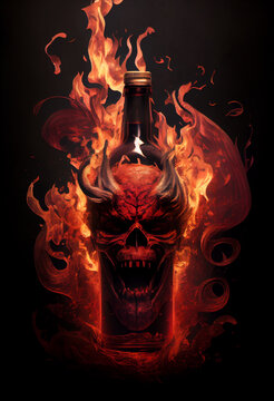 Fiery bottle of strong alcohol with the face of the devil. AI generated