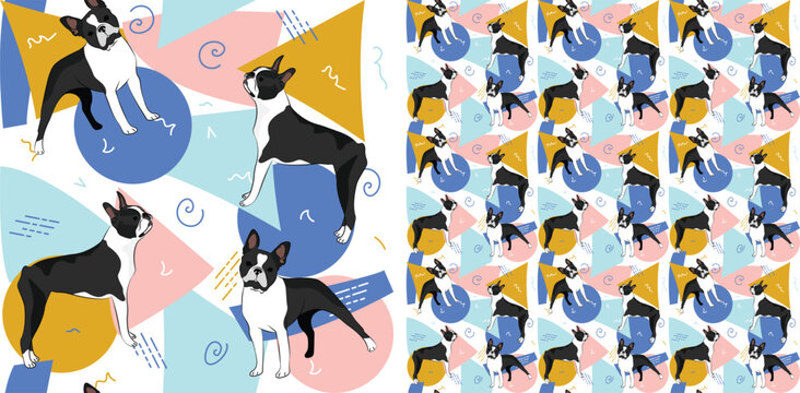 Boston terrier dog summer pastel wallpaper. Holiday abstract circles, squares, spirals, confetti. seamless background, repeatable pattern. Birthday wallpaper, Christmas present, print tiles. Geometric