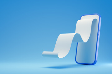 Fototapeta premium Smart phone with empty financial receipt on blue background. Payment, finance, mobile application, electronic payments. 3d rendering