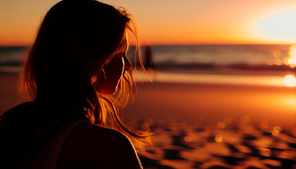 Frau am Strand bei Sonnenuntergang